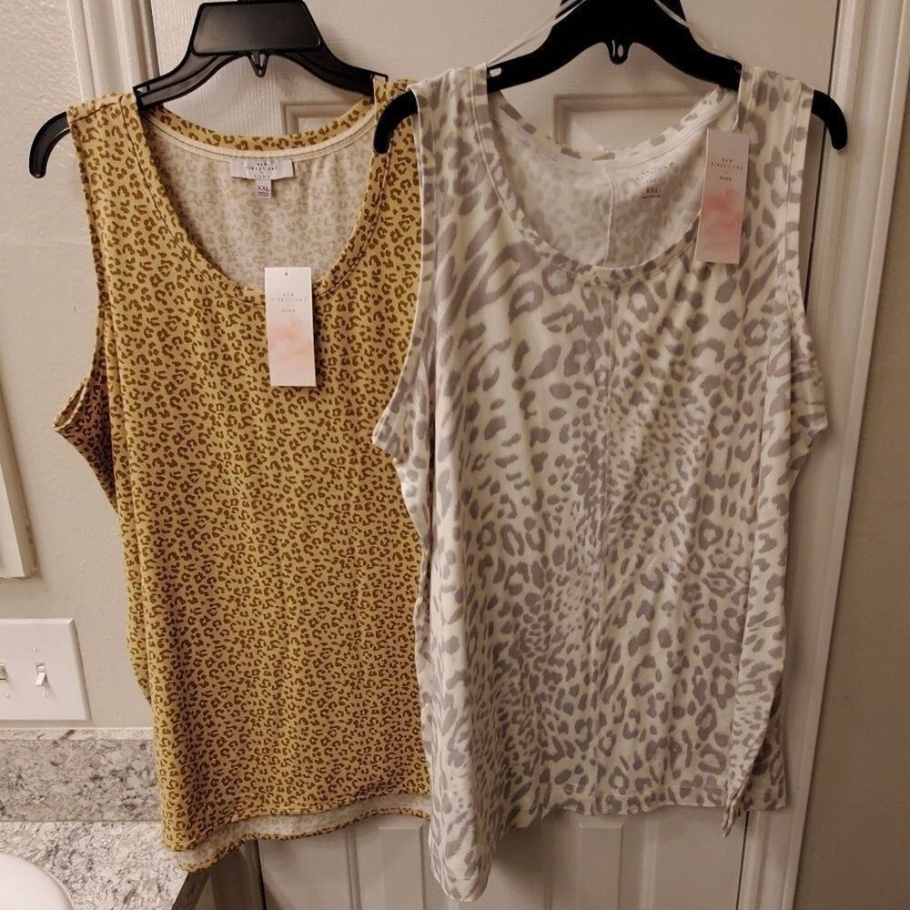 New Directions Studio 2PK Leopard Print Tank Tops XXL Mustard Grey Animal Print